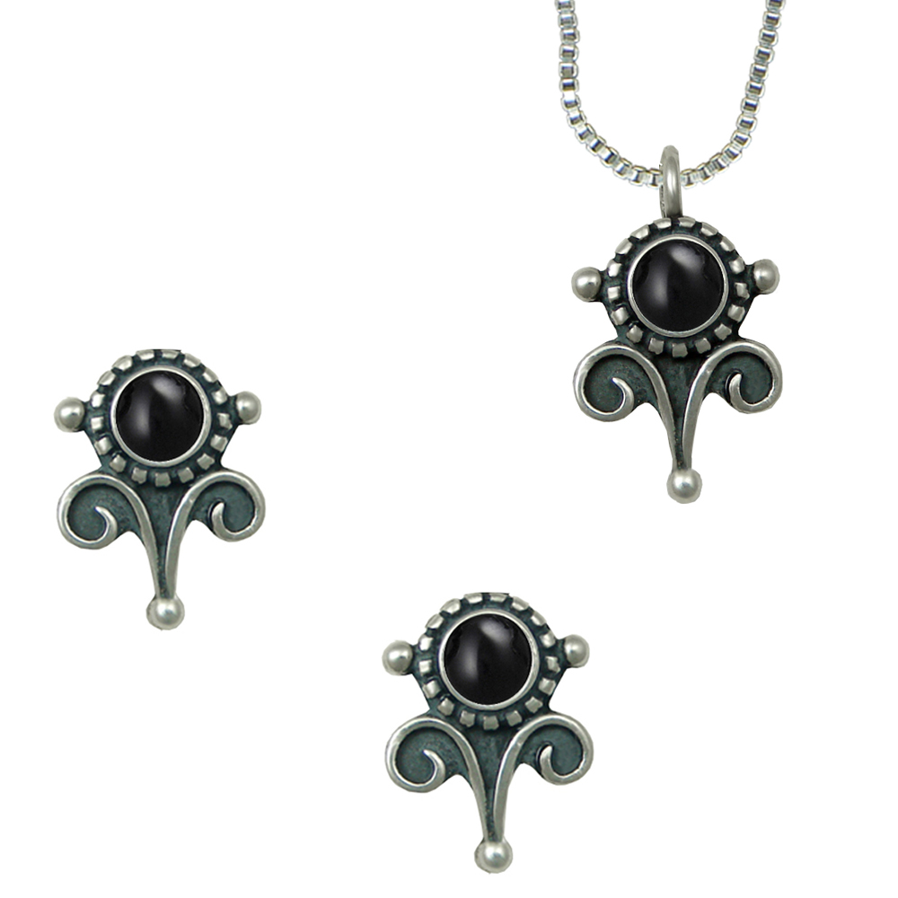 Sterling Silver Necklace Earrings Set Black Onyx